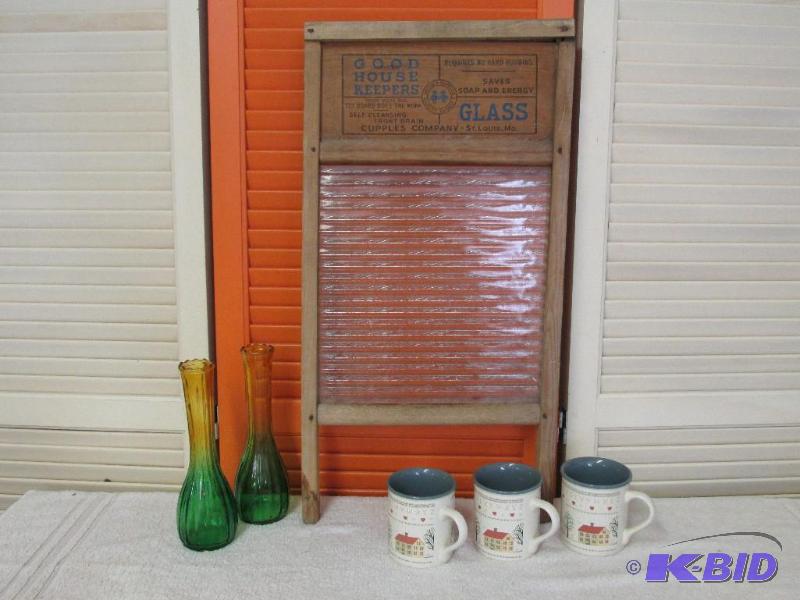 Vintage Good Housekeepers Glass Front Wash Board, Two Vintage Bud Vases and Three Coffee Cups