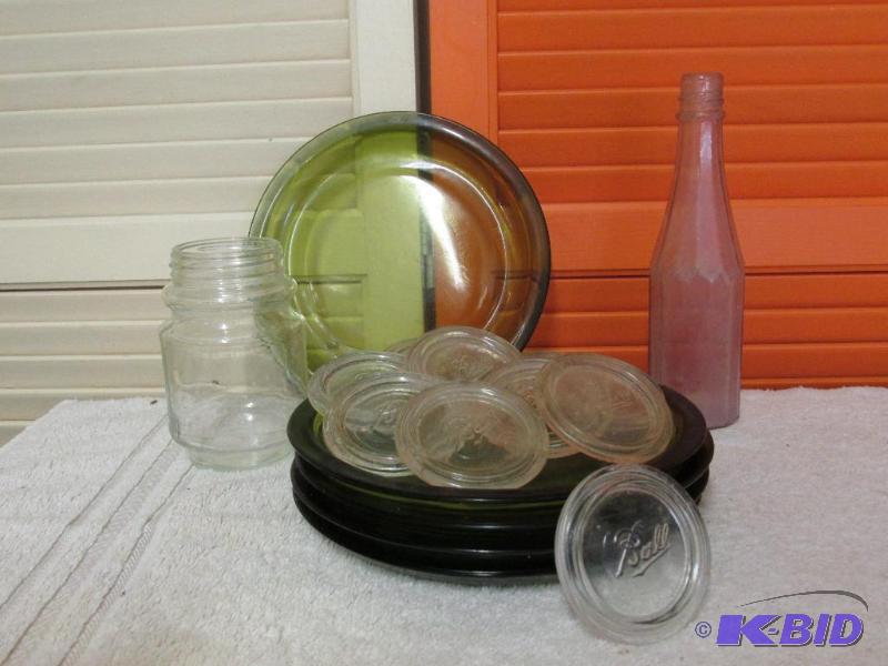 Glass Plates, Ball Canning Tops, Glass Jar and a Vintage Glass Ketchup Bottle.