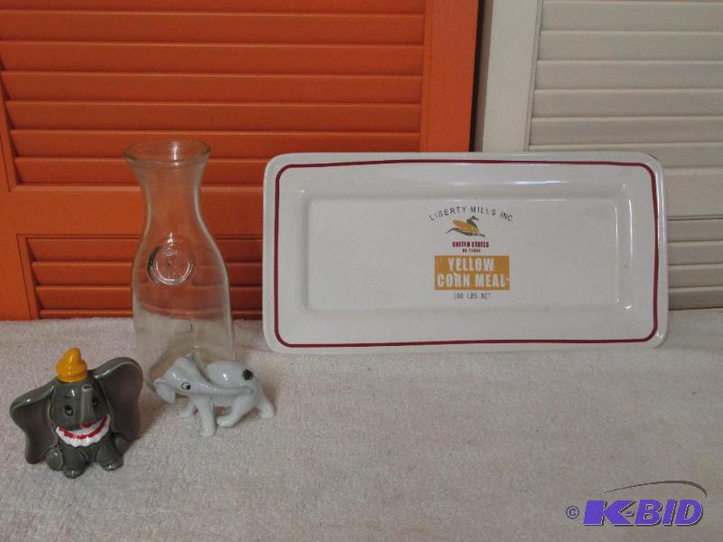 Two Elephants (Dumbo and ---), a Half Carafe and a Vintage-looking Corn Meal Platter.