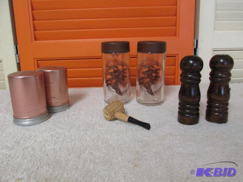 Three Sets of Salt and Peppers and a Corn Cob Pipe