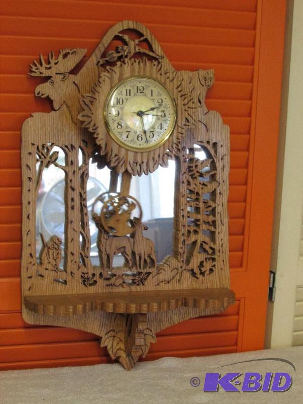 Beautiful Scroll Sawed Pendulum Clock, Hunting Scene