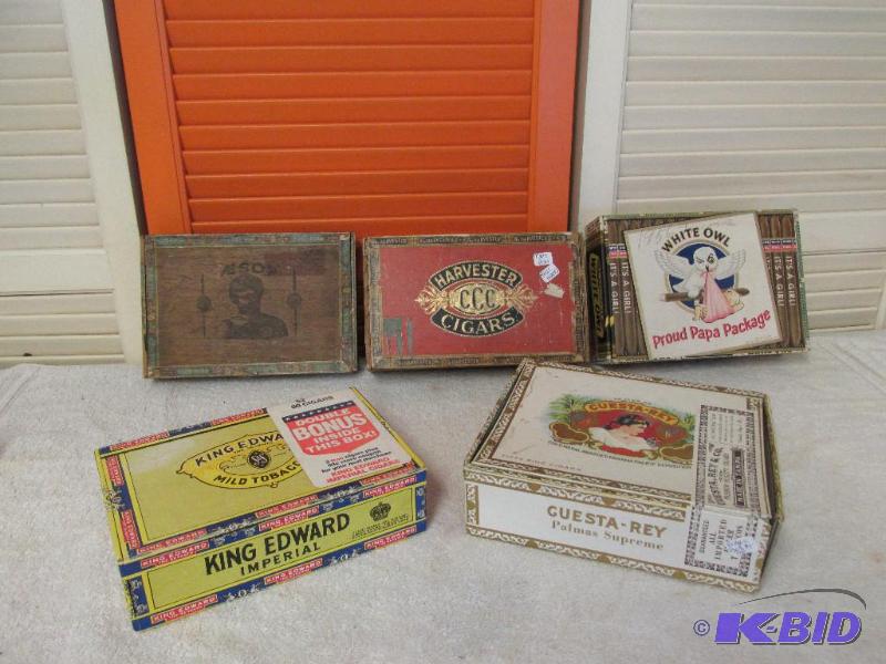 Five Vintage Cigar Boxes, One made of wood
