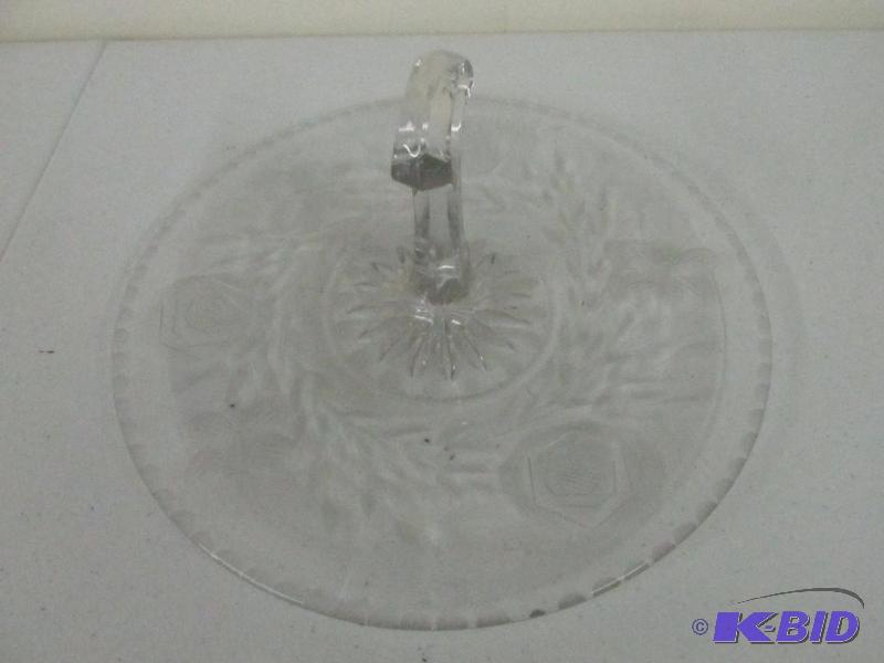 Vintage Etched Glass Serving Dish with glass handle