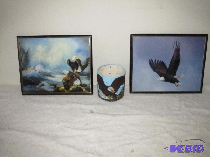 Two Eagle Pictures and a Votive Holder or Pencil Cup