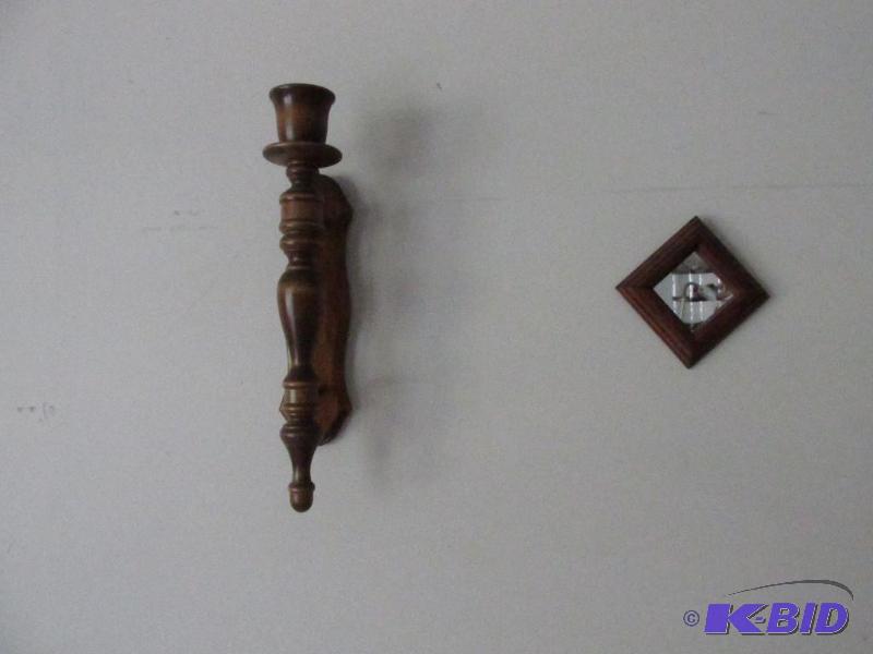 Wooden Wall Hanging Candle Holder and Small Wood Frame Mirror.