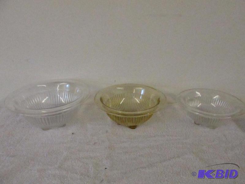 Vintage Three Rolled Rim Bowls Graduating Size Two Clear and one Yellow