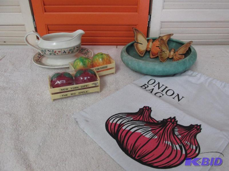 Gravy Boat, Bowl with Butterflies, Two Salt and Peppers and a Onion Bag