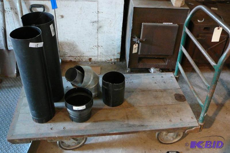 4 wheel wood cart. Various pieces of Stove Pi...
