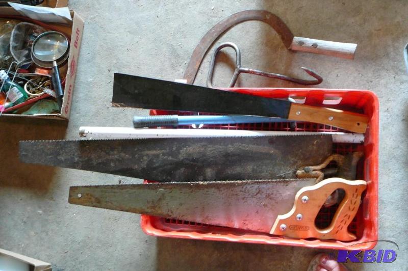 Lot of Hand Saws, Machete, Sickle, Hay Bale H...