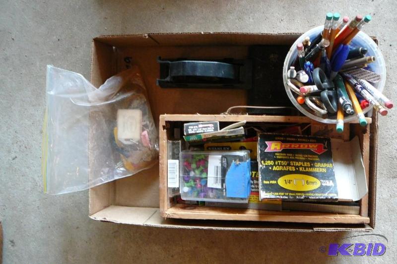 Box of Staples &amp Pins, Assortment of Pens...