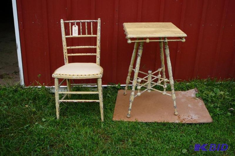 lot 240 image: 1 wooden chair with fabric seat 1 wooden tabl...