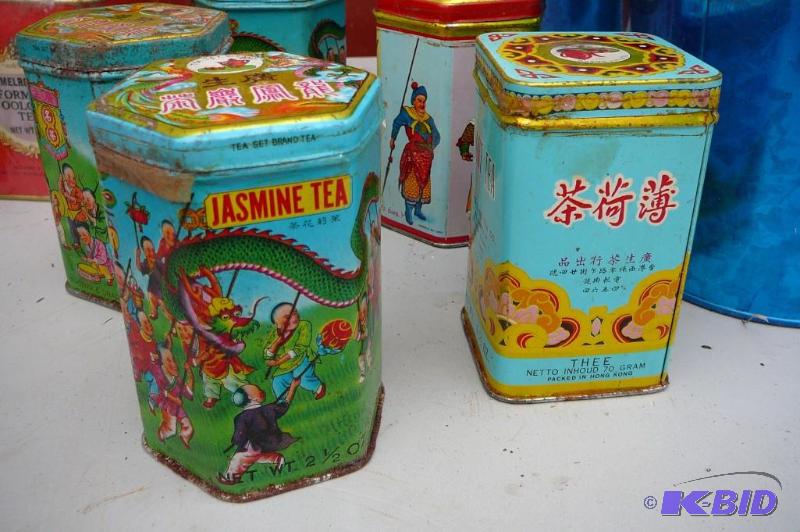 lot 265 image: Hong kong misc metal tins 4 blue decorative b...