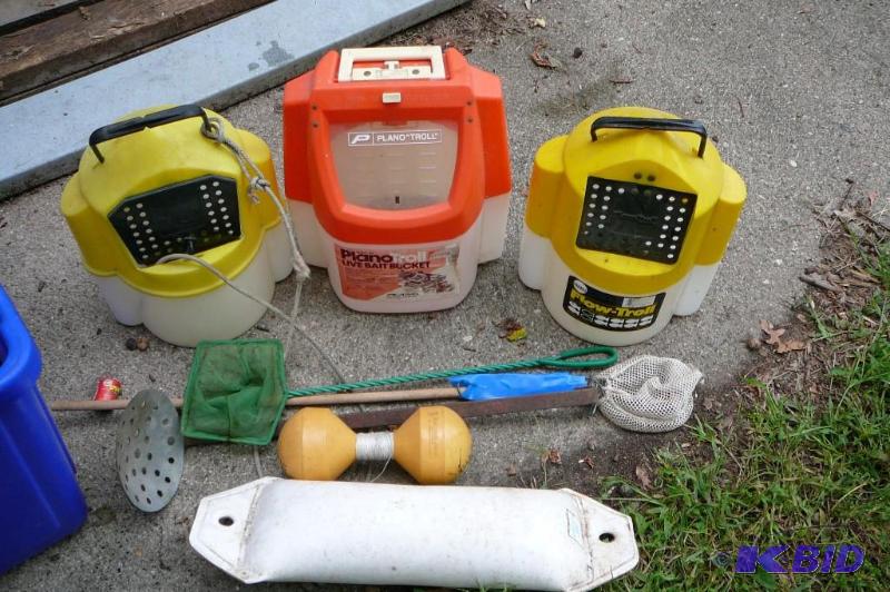 lot 379 image: Fishing equipment, 3 minnow buckets, nets...