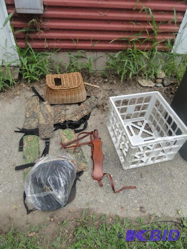 lot 387 image: Gun pads, Hats, Wicker fish basket....
