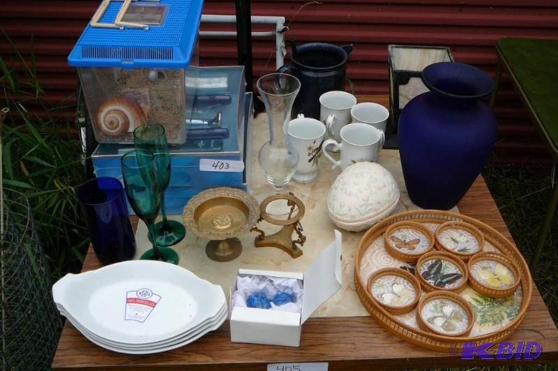 lot 403 image: Misc dishes, vase, Tea cups, Spa kits...