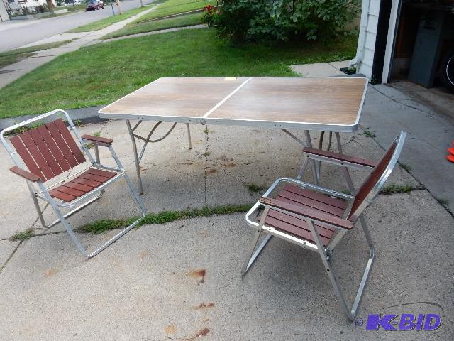 lot 32 image: Folding Picnic Table and 2 Aluminum Wood Chairs