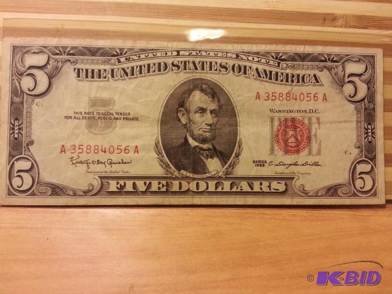 lot 121 image: 1963 FIVE DOLLAR RED SEAL...