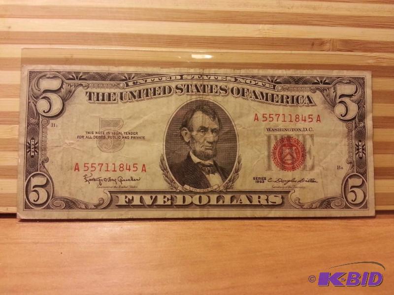 lot 122 image: 1963 FIVE DOLLAR RED SEAL...