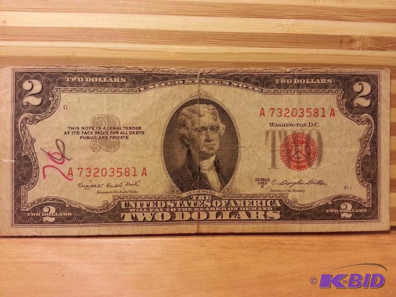 lot 123 image: 1953 TWO DOLLAR RED SEAL...