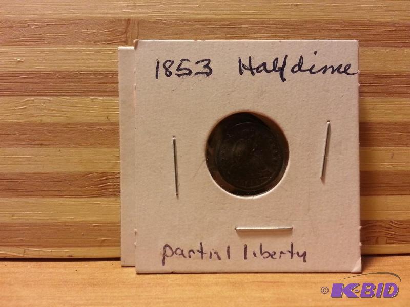 lot 129 image: 1853 HALF DIME PARTIAL LIBERTY...
