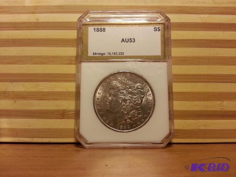 lot 14 image: 1888 MORGAN ONE DOLLAR COIN PCI SLABBED AU53 ...