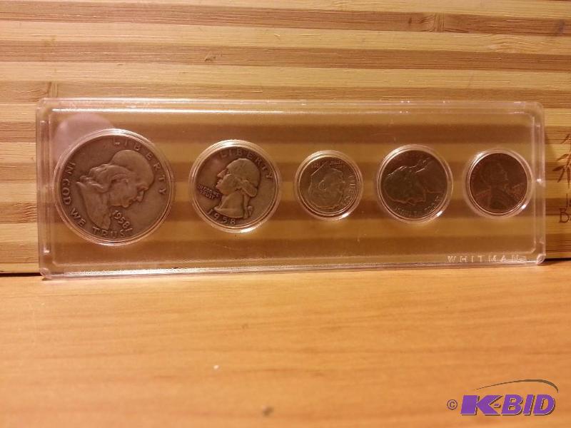 lot 146 image: 1958 STRIP OF FIVE COINS 90% SILVER HALF DOLL...