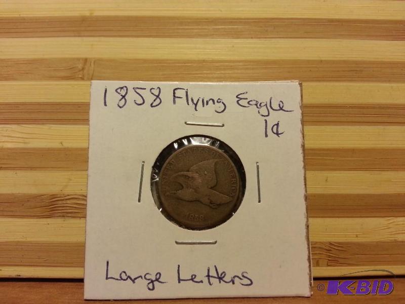 lot 16 image: 1858 FLYING EAGLE ONE CENT LARGE LETTERS...