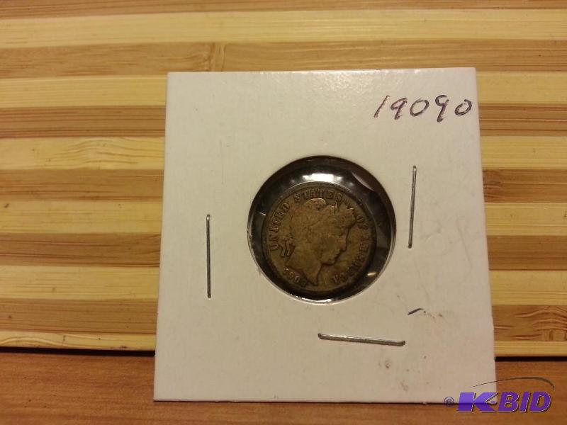 lot 25 image: 1909-O BARBER DIME 0NEW ORLEANS MINT 90% SIL...