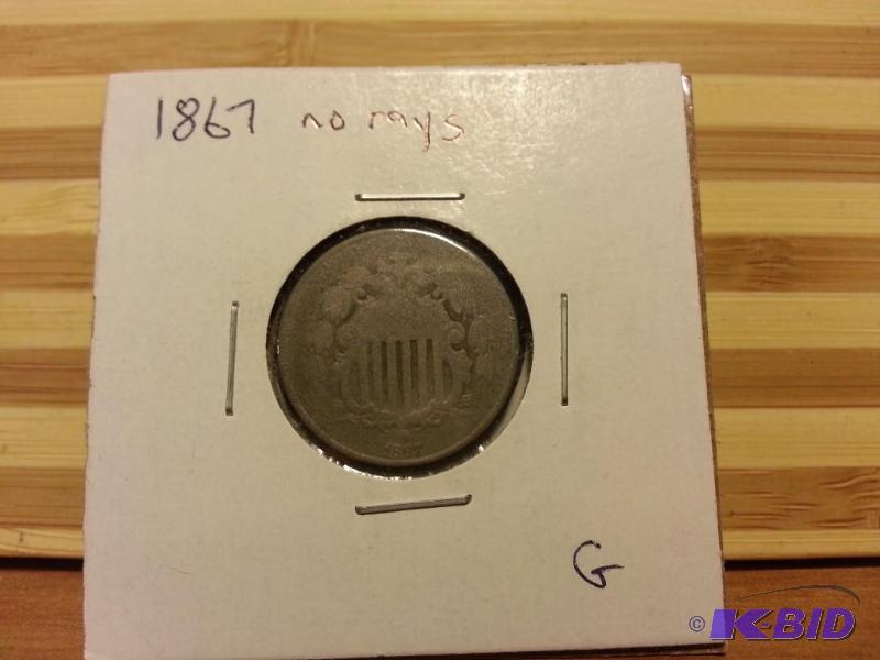 lot 31 image: 1867 NOT RAYS SHIELD NICKEL...