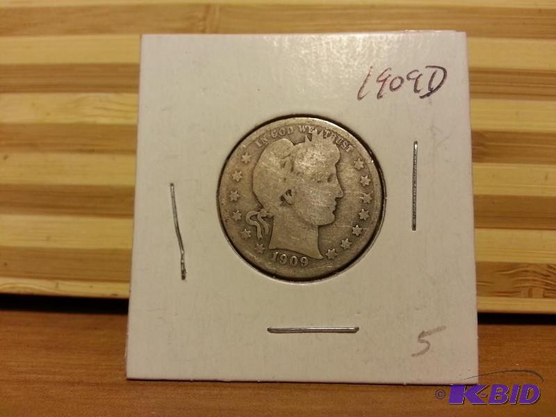 lot 36 image: 1909-D BARBER QUARTER DOLLAR 90% SILVER...