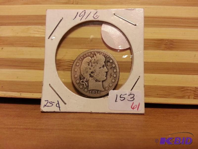 lot 37 image: 1916 BARBER QUARTER DOLLAR 90% SILVER...