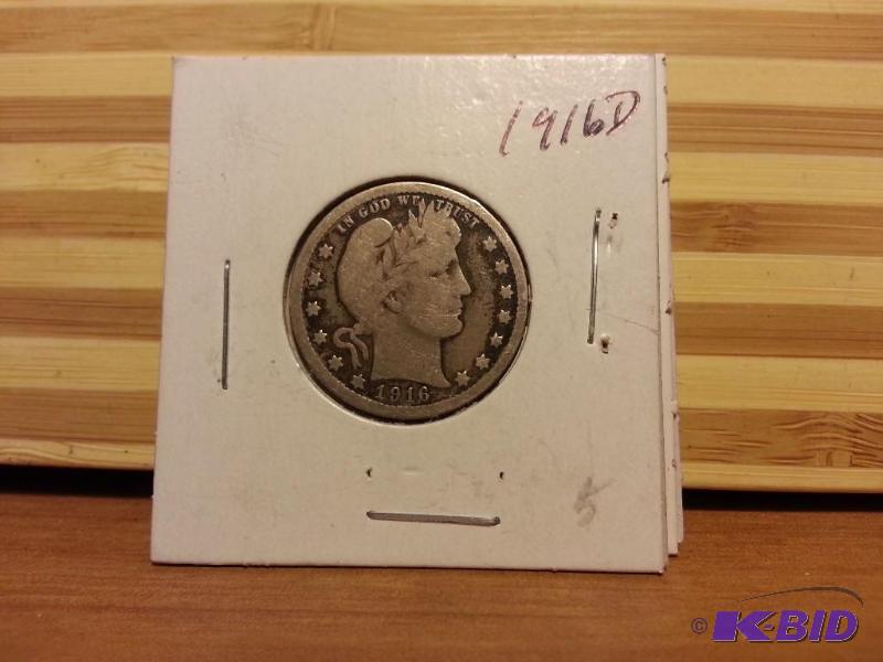 lot 38 image: 1916-D BARBER QUARTER DOLLAR 90% SILVER...