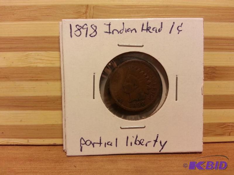 lot 66 image: 1898 INDIAN HEAD ONE CENT PARRTIAL LIBERTY...