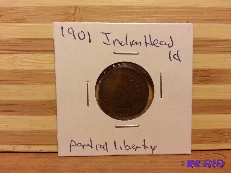 lot 68 image: 1901 INDIAN HEAD ONE CENT PARTIAL LIBERTY...