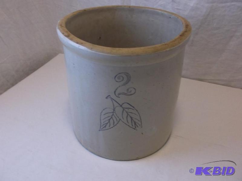 lot 6 image: Nice antique Birch leaf 2 gal. crock has one ...