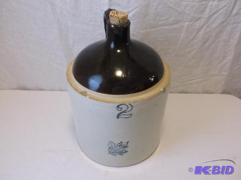 lot 7 image: Antique 2 gal.Western birch leaf jug has a co...