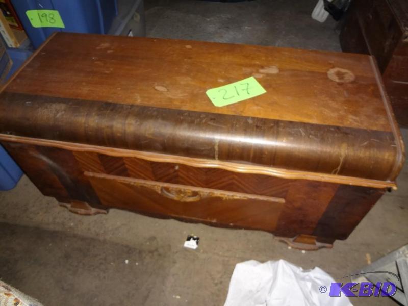 lot 217 image: Beautiful Old Multi-Veneered Cedar Chest...