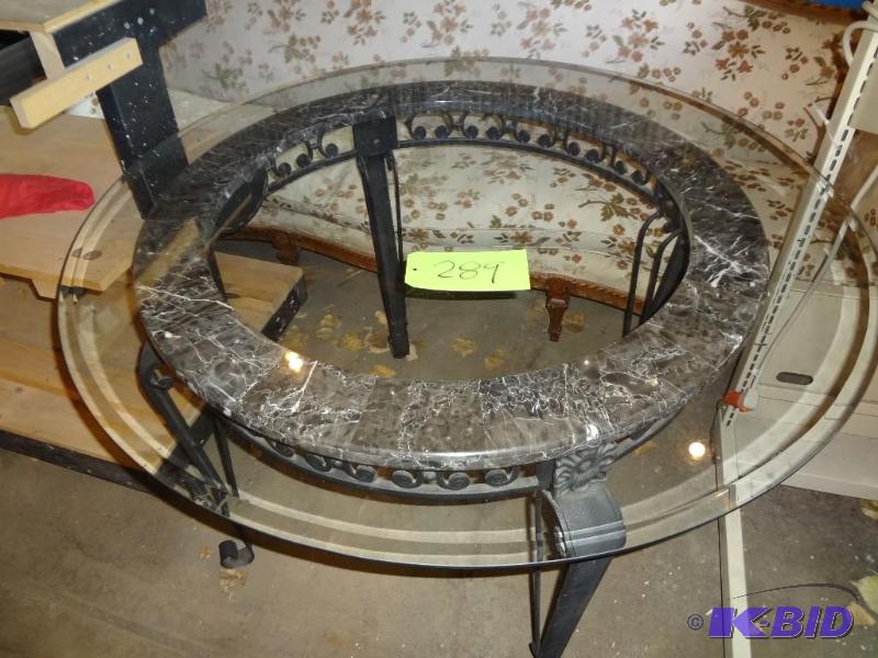 lot 289 image: Glass Table, Stone Ring, Beveled Glass, Metal...