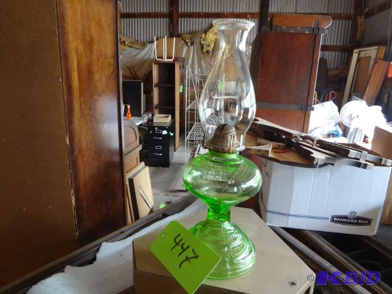 lot 447 image: Old Green Oil Lamp, Queen Anne #2...