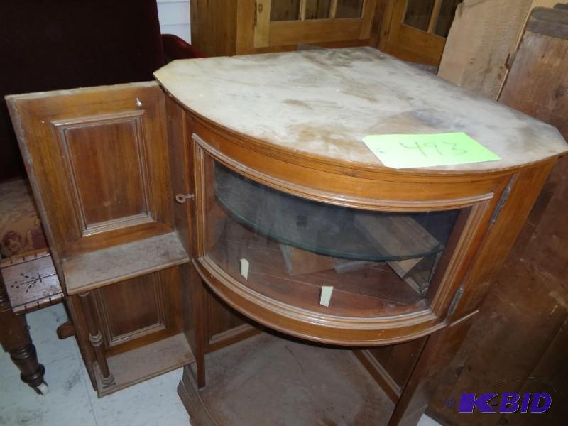 lot 493 image: Walnut Corner Hutch, curved glass, built-in...