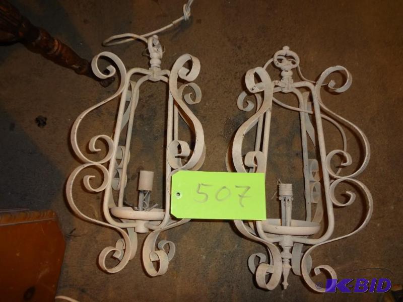 lot 507 image: Pair of Single Light Strap Iron Hanging Light...
