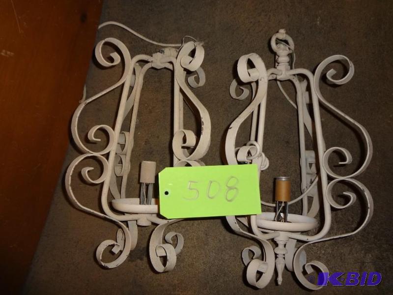 lot 508 image: Pair of Single Light Strap Iron Hanging Light...