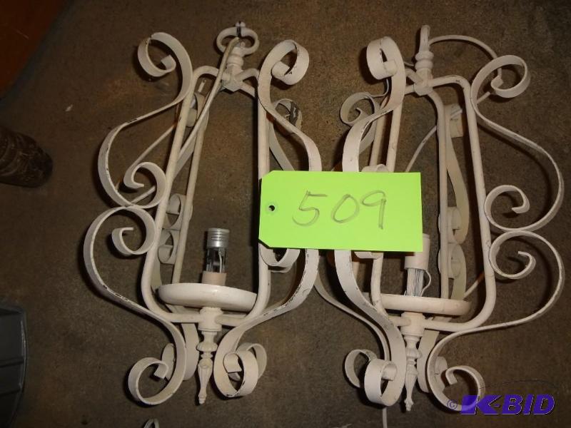 lot 509 image: Pair of Single Light Strap Iron Hanging Light...