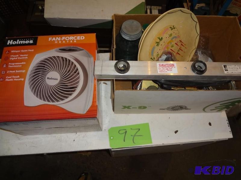lot 97 image: Fan Heater, box of Stuff...