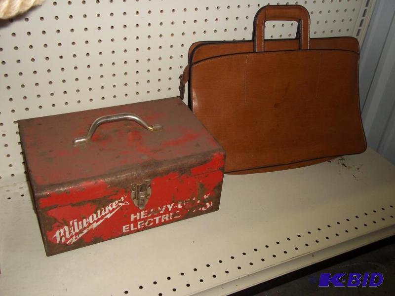lot 377 image: Milwaukee metal storage container and leather...