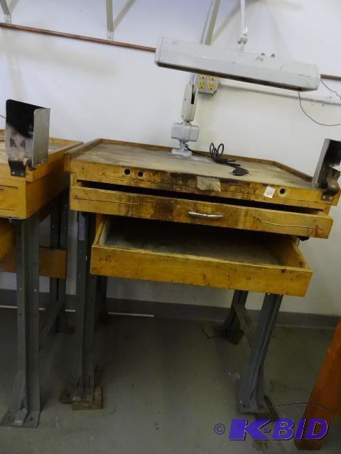 lot 24 image: Wood jewelers work bench. Mounted light. 34 x...