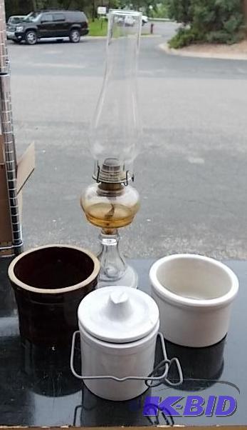 Oil Lamp &amp 3 Small Crocks...