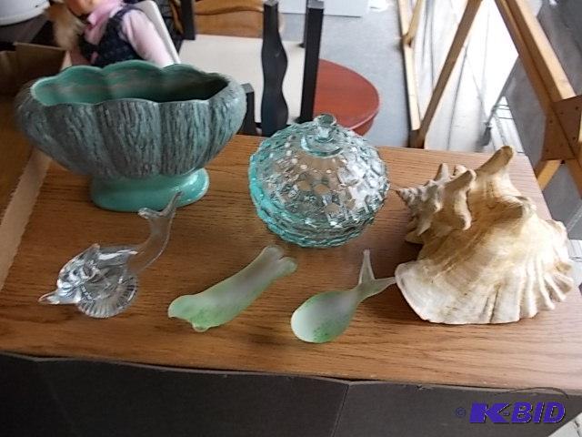 Sea Shell Blown Glass Figure, Vase, Covered D...