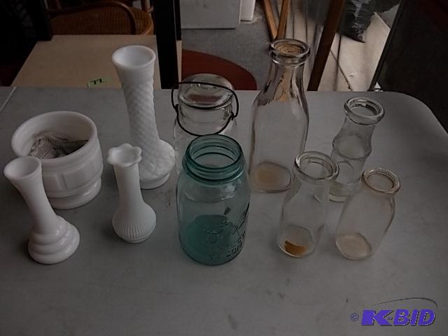 Box Lot Of Old Milk Glass Vases, Milk Bottles...