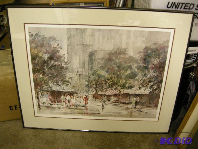 lot 137 image: Lou Roman watercolor print, signed and numbered, looks like downtown Mpls.
